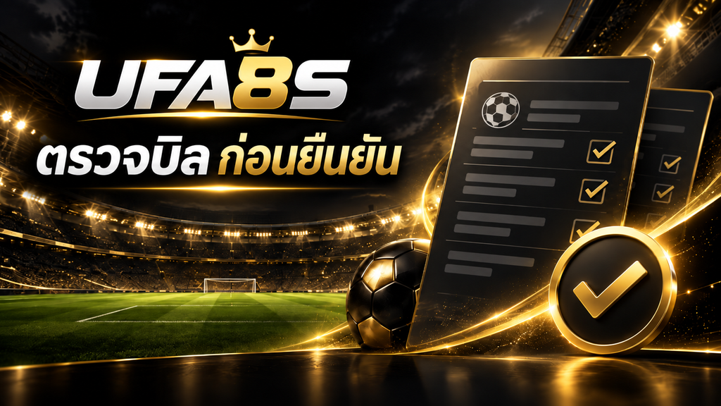 UFA8S ข้อกำหนดและเงื่อนไข เว็บแทงบอล ภาพตรวจบิลก่อนยืนยันบนสนามฟุตบอลธีมดำทอง