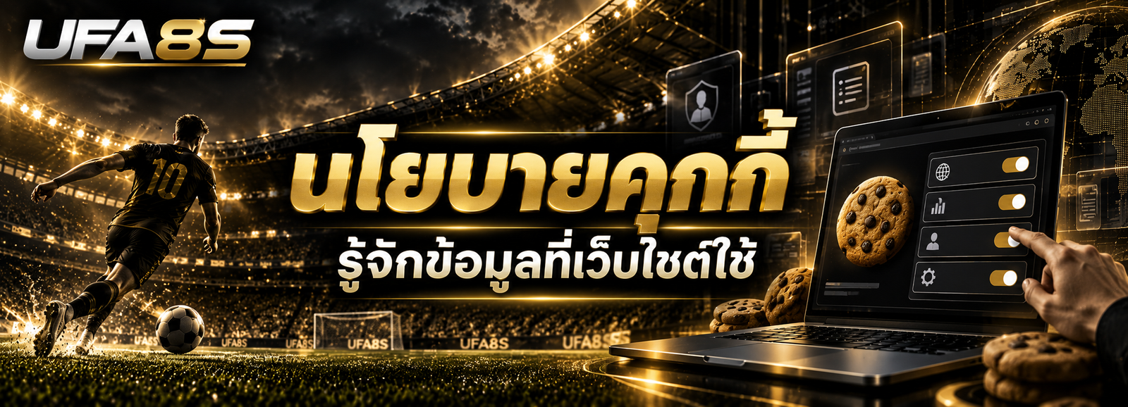 แบนเนอร์นโยบายคุกกี้ UFA8S พร้อมภาพสนามฟุตบอลและการตั้งค่าข้อมูล